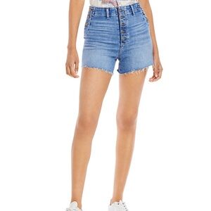 PAIGE Light Blue Frayed Hem Jean Shorts